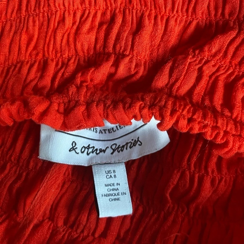 & Other Stories Red Cotton Maxi Dress Ruched Smocked Size 8